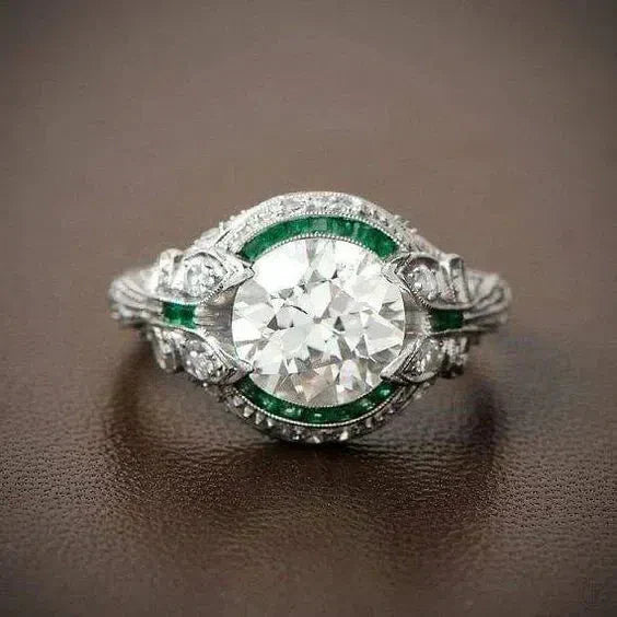 Vintage Green Glass and White Zirconia Ring