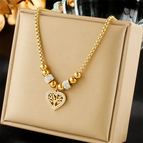 Tree of Life Zirconia Gold Heart Necklace