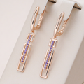 Elegant Rectangular Earrings with Violet Crystals in Gold