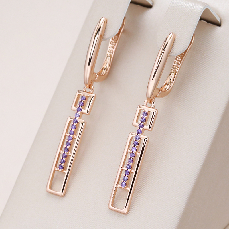 Elegant Rectangular Earrings with Violet Crystals in Gold