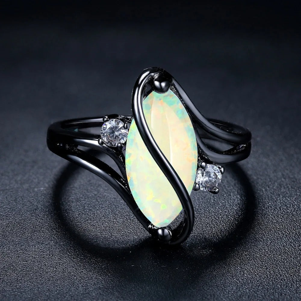 Vintage Black Silver Opal & Crystal Embellished Ring