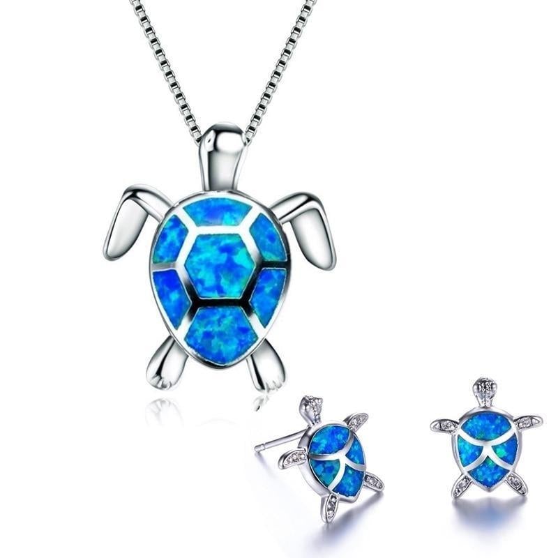 Opal and Silver Sea Turtle Jewelry Set: Necklace & Earrings