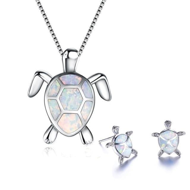 Opal and Silver Sea Turtle Jewelry Set: Necklace & Earrings