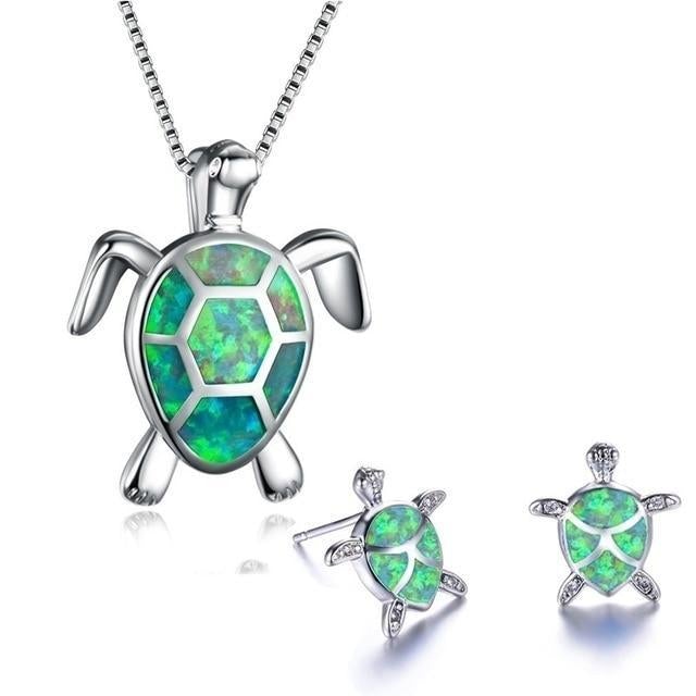 Opal and Silver Sea Turtle Jewelry Set: Necklace + Earrings