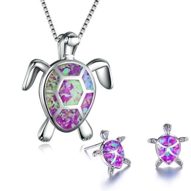 Opal and Silver Sea Turtle Jewelry Set: Necklace & Earrings