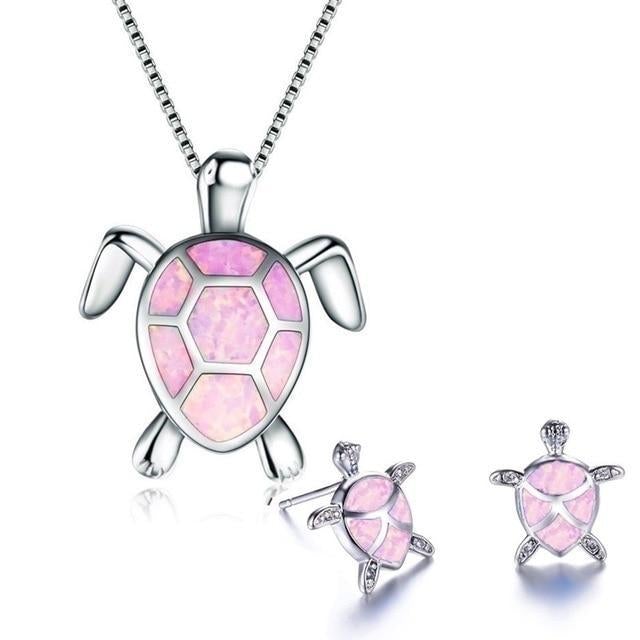 Opal and Silver Sea Turtle Jewelry Set: Necklace + Earrings