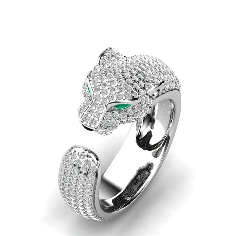 Adjustable Jaguar Ring crafted from 18K Silver and 18K Rose Gold with Green Zirconia Eyes
