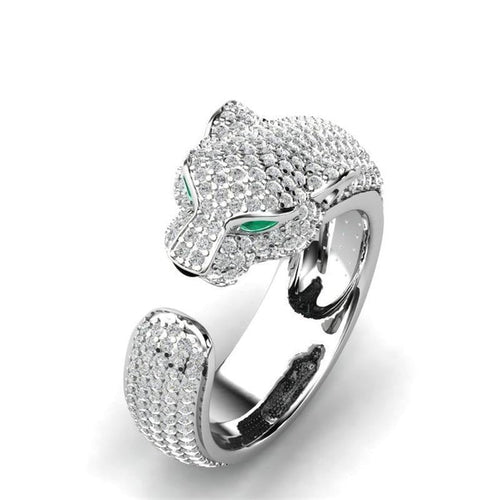 Adjustable Jaguar Ring crafted from 18K Silver and 18K Rose Gold with Green Zirconia Eyes