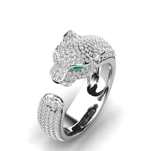 Adjustable Panther Ring with Green Zirconia Eyes