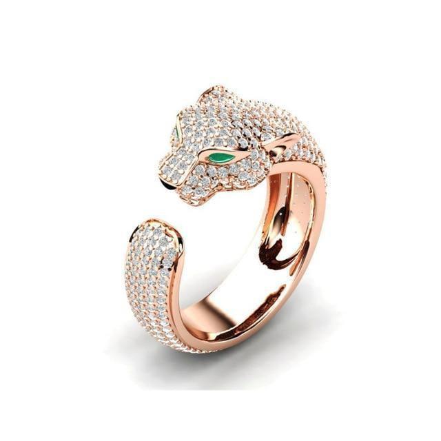 Adjustable Jaguar Ring crafted from 18K Silver and 18K Rose Gold with Green Zirconia Eyes