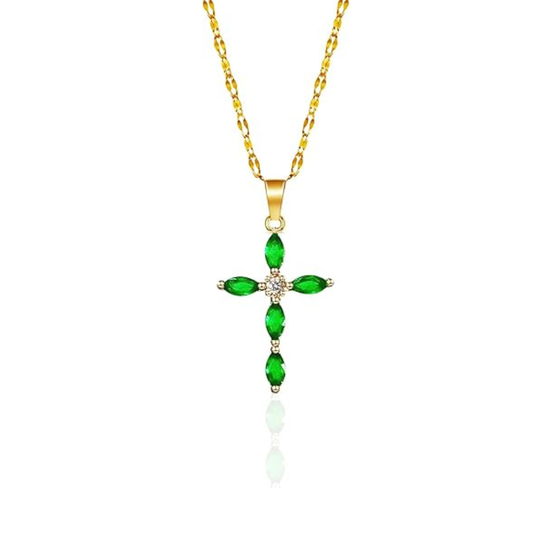 Emerald Gold Marquise Cross Pendant Necklace