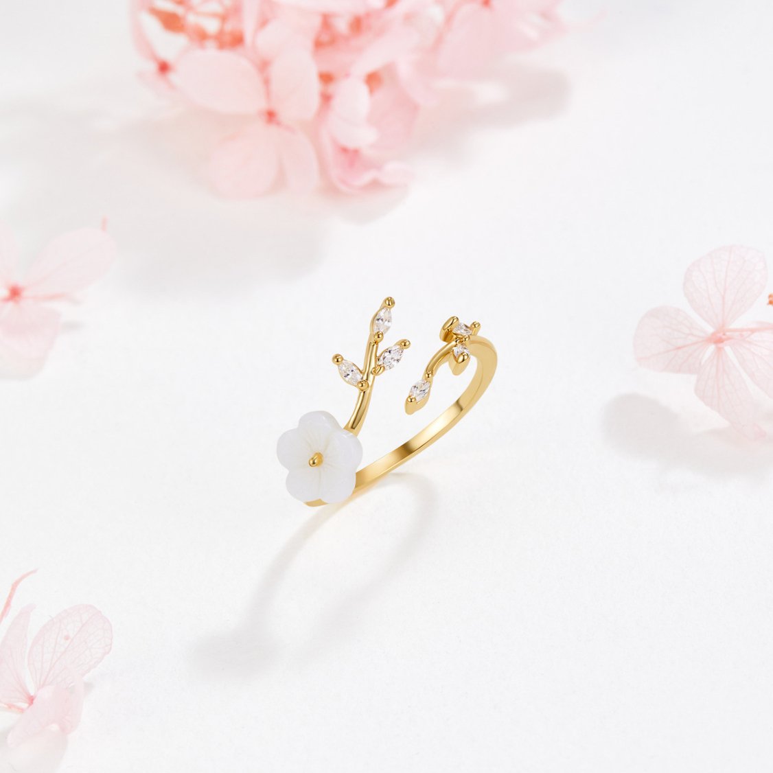 Gold Floral and Leaf Adjustable Ring
